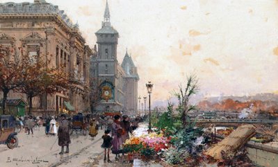 The Flower Market, Paris by Eugene Galien Laloue